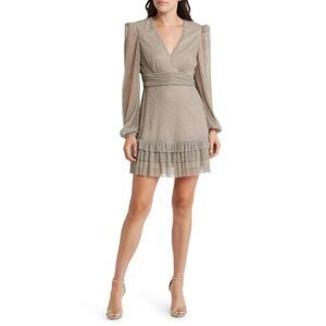 Floret Studios NWT Metallic Plissé Long Sleeve Mini Cocktail Dress Silver XL